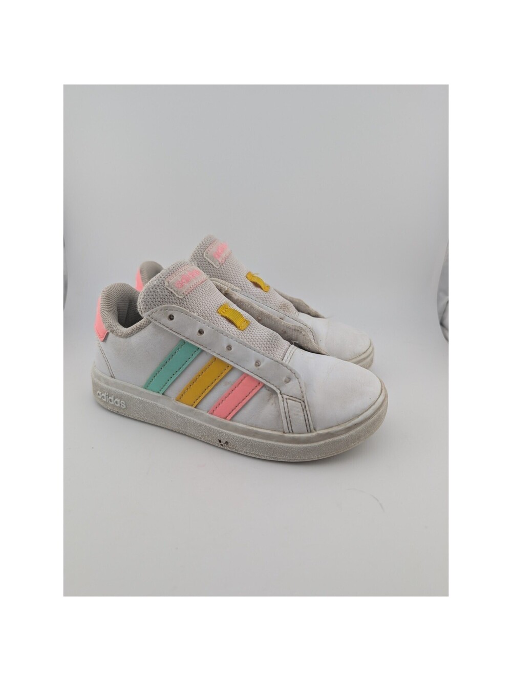 Adidas Grand Court Girls Size 11 Kids 11k White Pink Yellow Green 11 K *No Laces